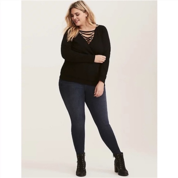 torrid Sweaters - Torrid Black Lattice Front Crew Neck Long Sleeve Pullover Sweater